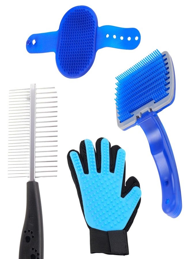 REGIIS Pet Grooming Set with Self-Cleaning Brush, Metal Comb, Deshedding Glove, Professional Dog Cat Hair Removal Tools, Blue and Black(PACK OF 4) - Image 1